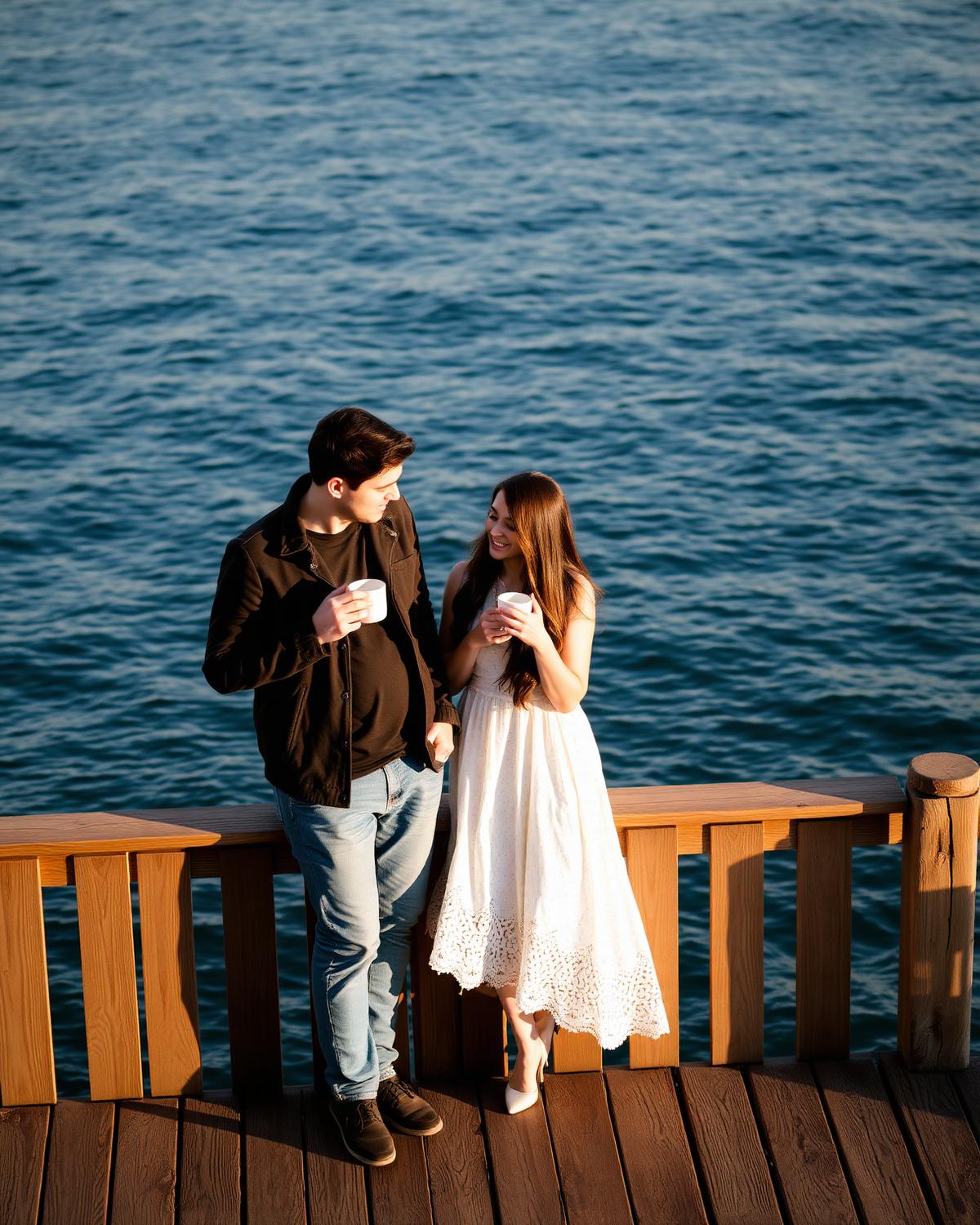 Couple enjoying morning coffee on a waterfront dock